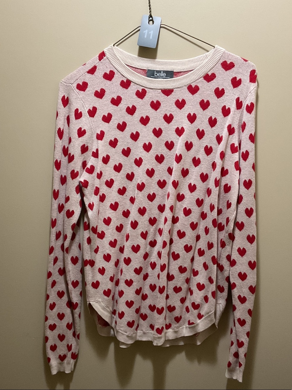 Belle Cream Crewneck Sweater with Red Heart Print